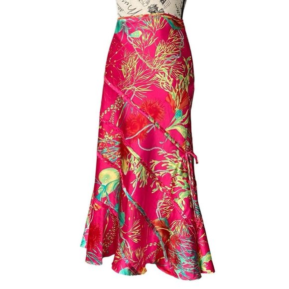 VIntage Russell Kemp Pink Silk Vibrant Floral Midi Skirt in Size 16 - Picture 1 of 12